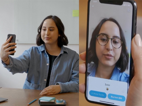 A girl using Warby Parker's app for virtual try-on